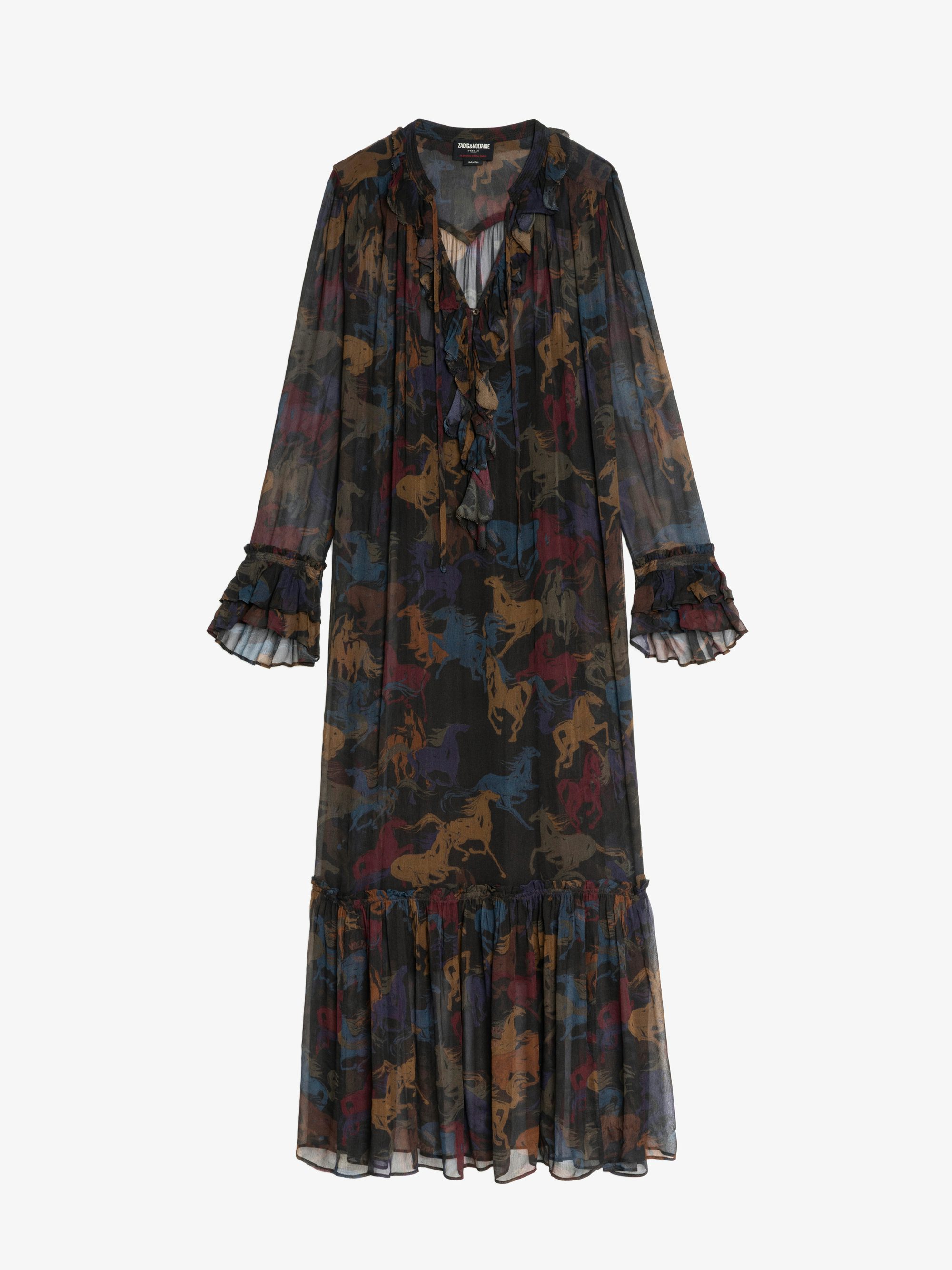 Ralicel Dress - Long draped dress in printed muslin, long sleeves.